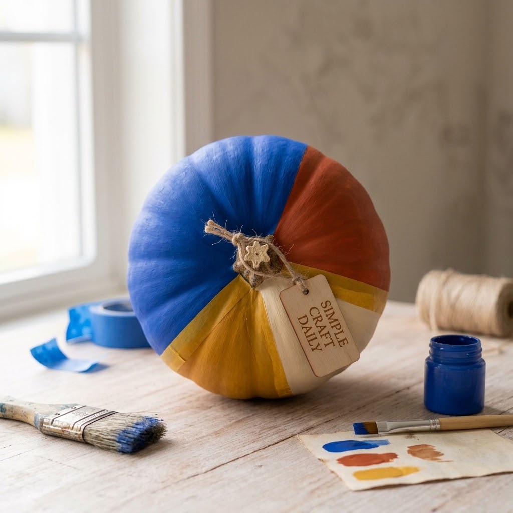 Pumpkin painting ideas in cobalt, terracotta, mustard, and cream color blocks