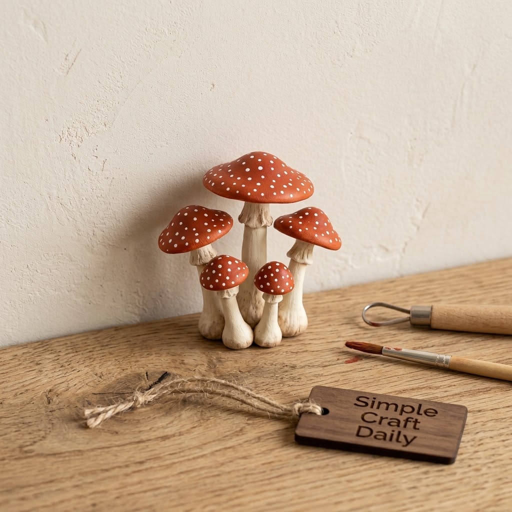 Easy air dry clay crafts miniature mushroom figurines in red and ivory