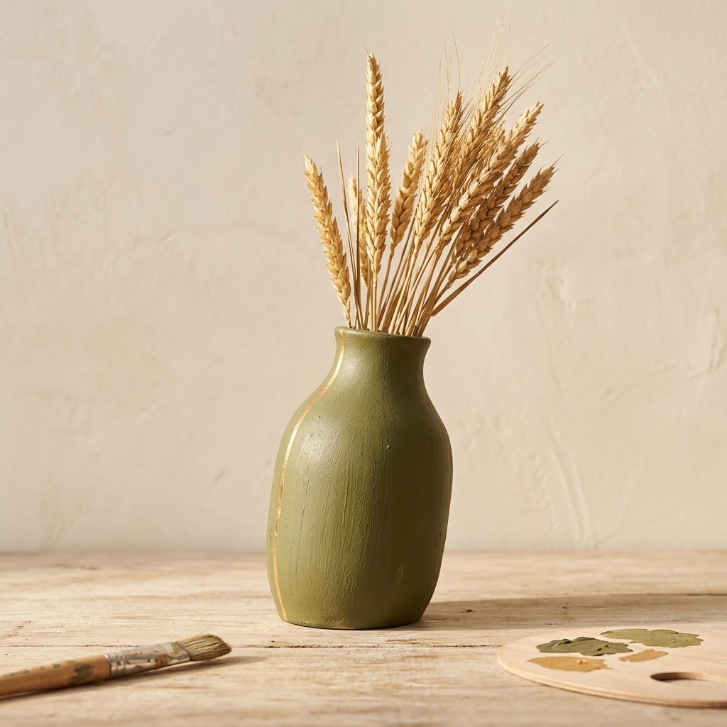 DIY fall decor matte olive painted ceramic vase with a gold accent