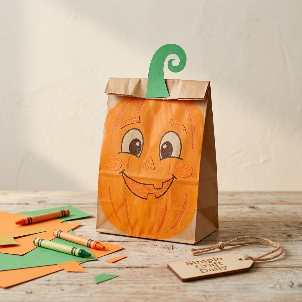 Orange paper bag pumpkin puppet with a friendly hand-drawn face