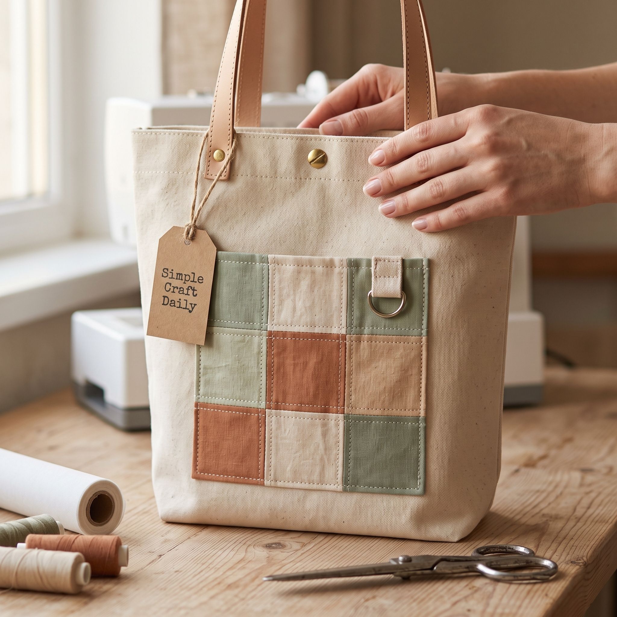 Custom canvas tote with a sage, cream, and terracotta patchwork pocket