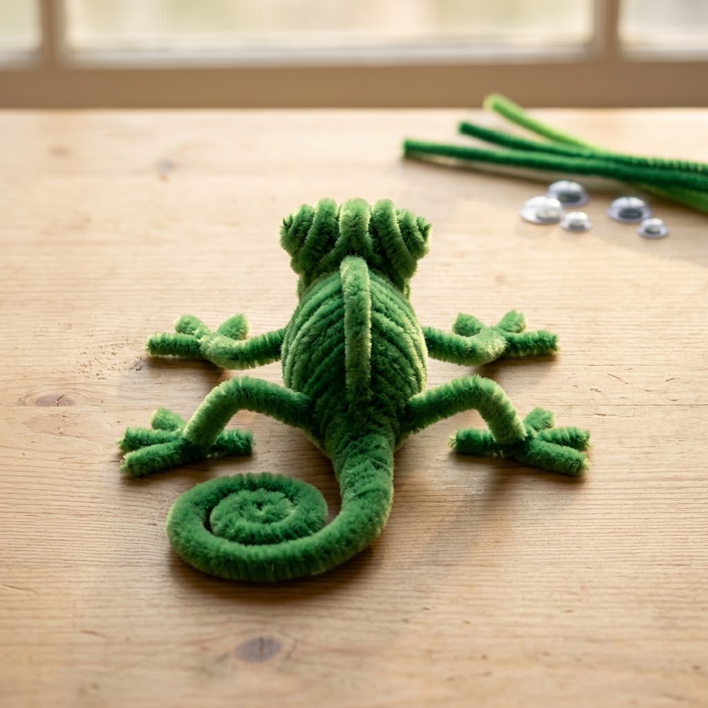 DIY pipe cleaner animals chameleon with green body, raised eyes, and spiral tail