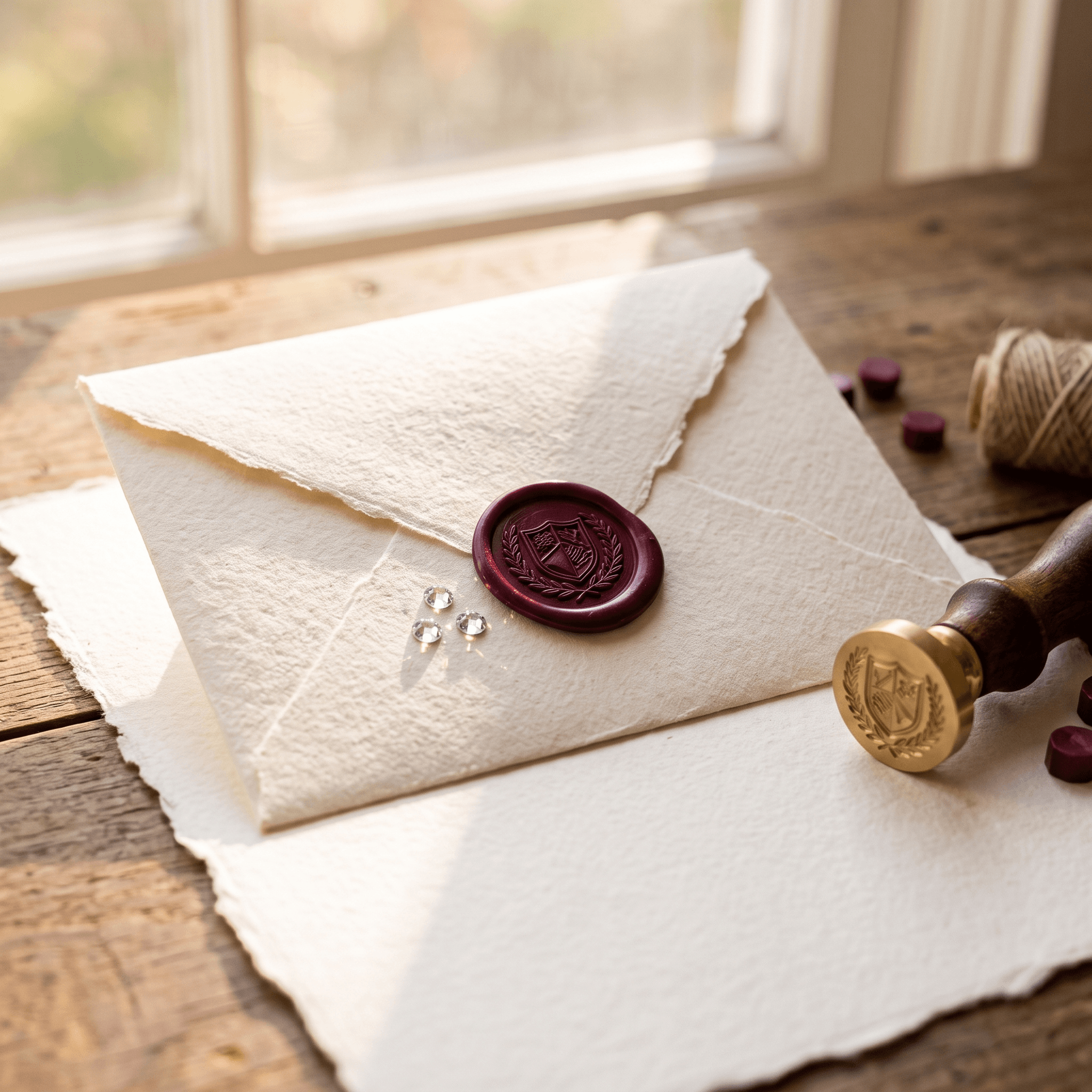 Handmade paper envelope with a burgundy wax seal and three rhinestone accents.