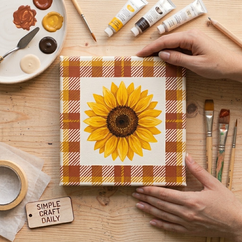 DIY fall canvas paintings sunflower with a rust plaid border