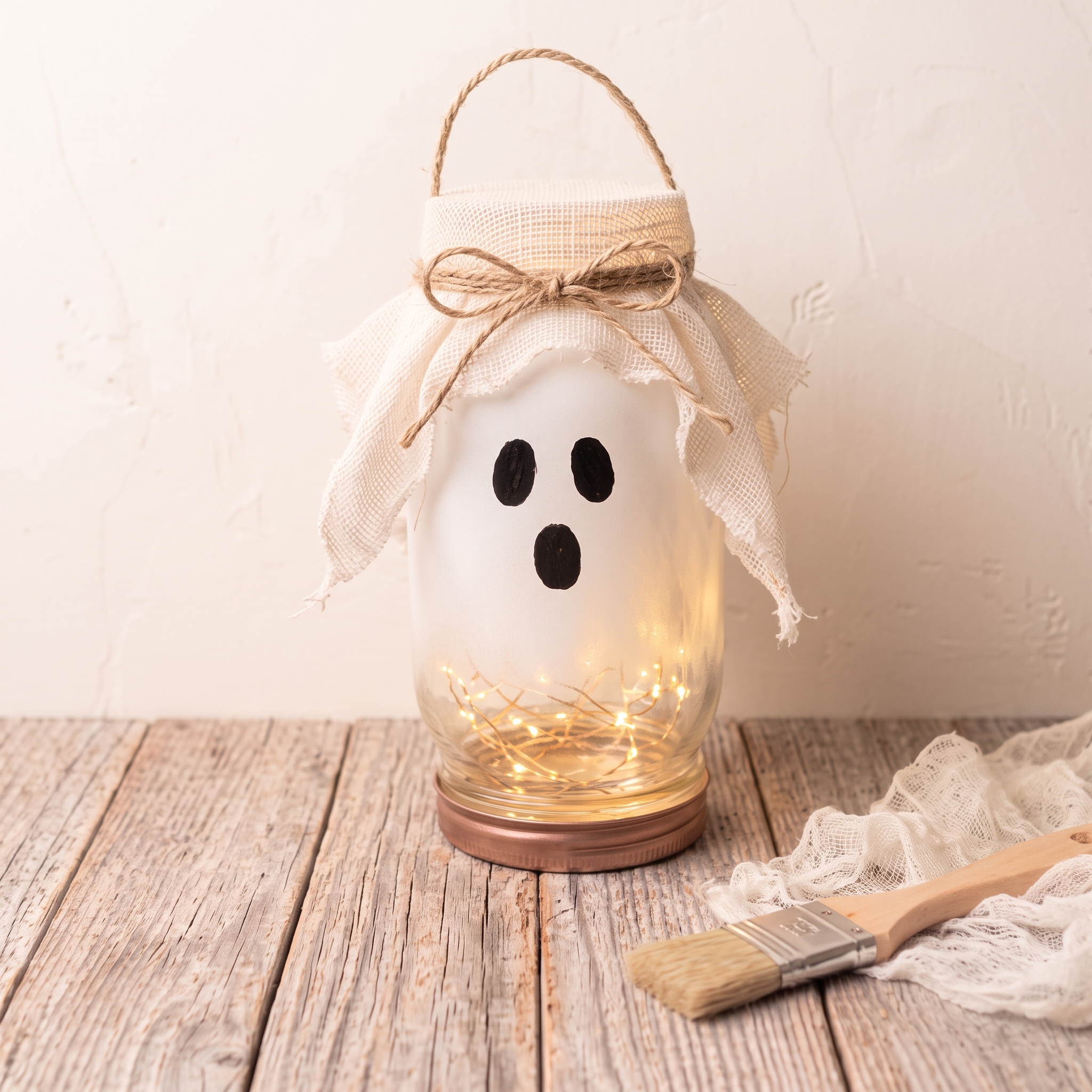 White ghost DIY fall mason jar with cheesecloth collar and warm LED lights