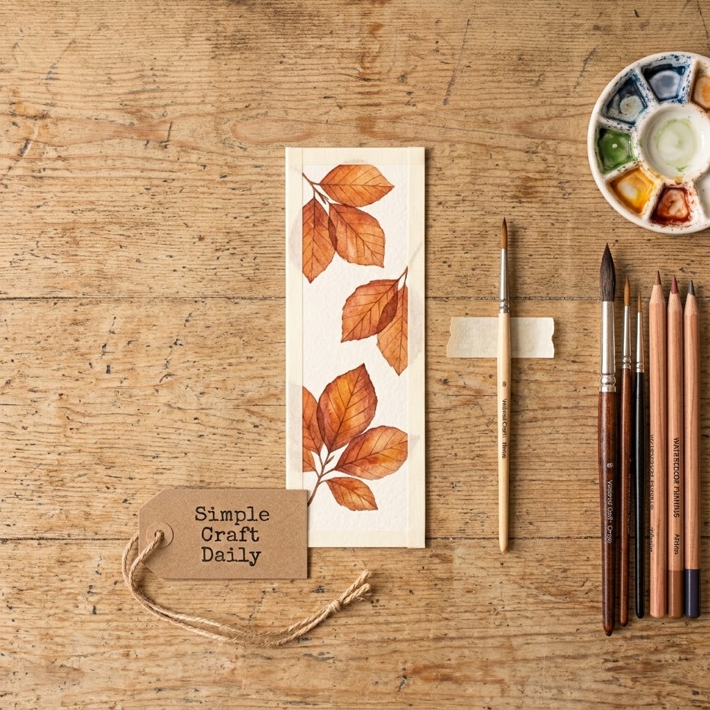 A slim watercolor bookmark decorated with translucent copper beech leaves.