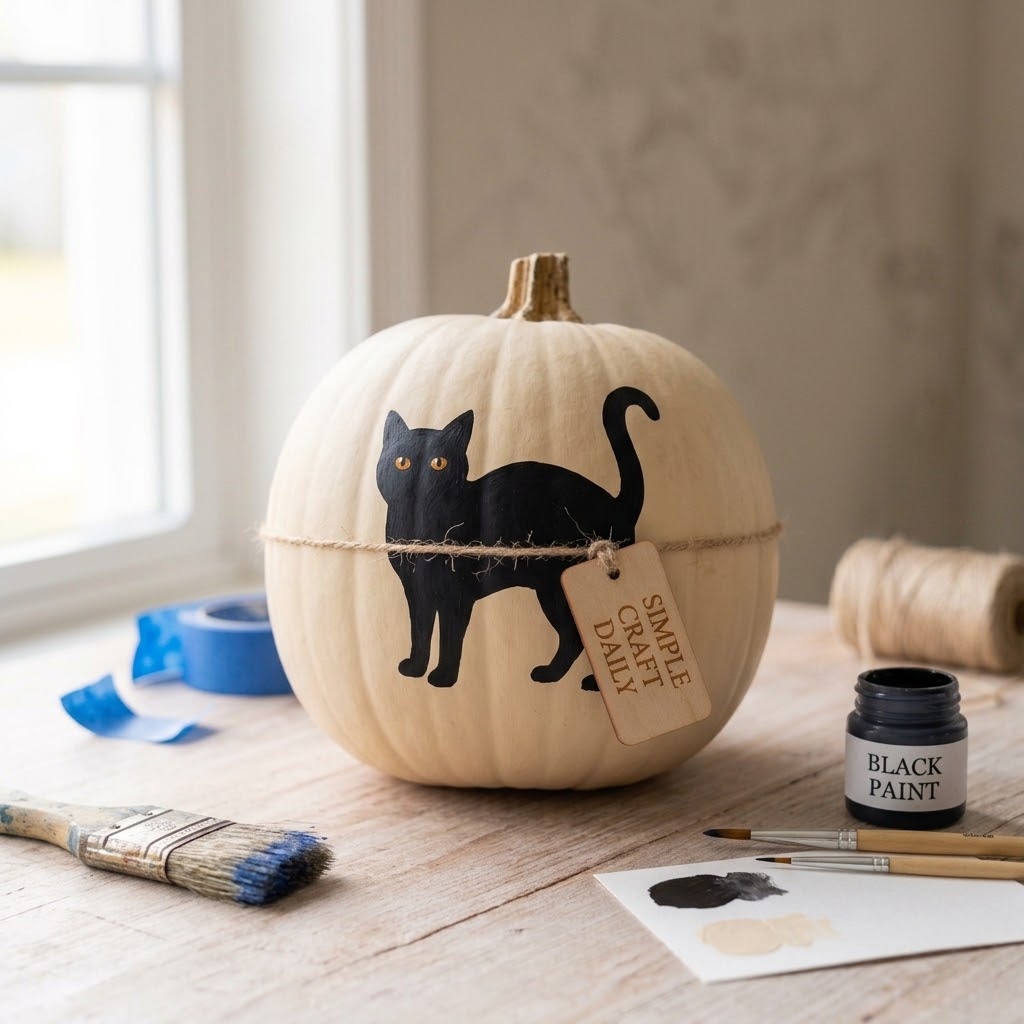 Ivory painted pumpkin with a black cat silhouette and amber eyes