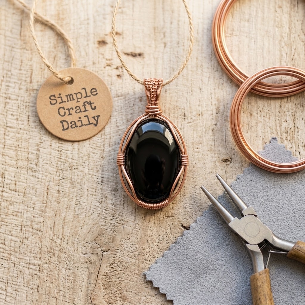 Black onyx oval cabochon in a double-rail copper wire frame with woven bail