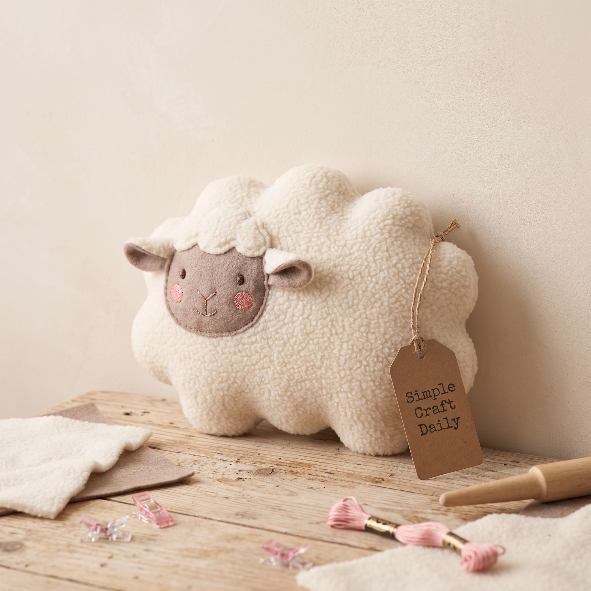 Cream fleece cloud lamb plush with taupe felt face and rosy cheeks