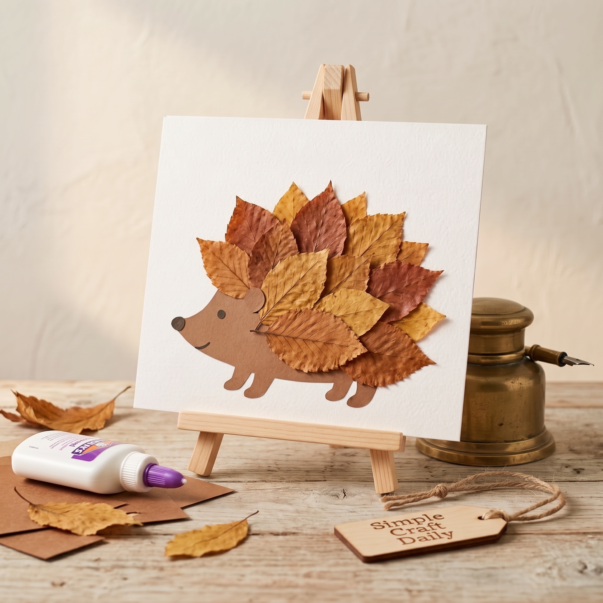 Paper hedgehog collage covered with overlapping amber and russet leaves