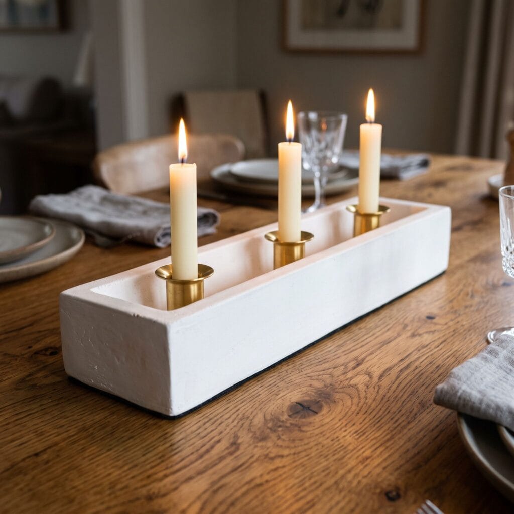 Elongated rectangular cast plaster trough holding three evenly spaced brass candle inserts with lit cream candles.