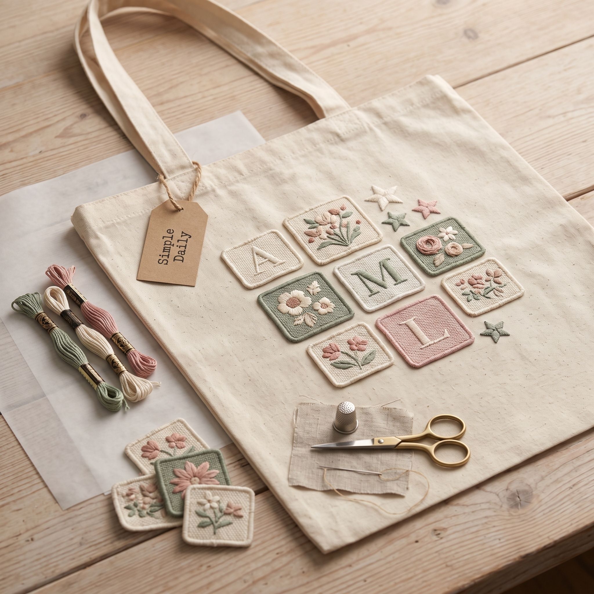 Cream canvas tote decorated with a cluster of muted woven patches