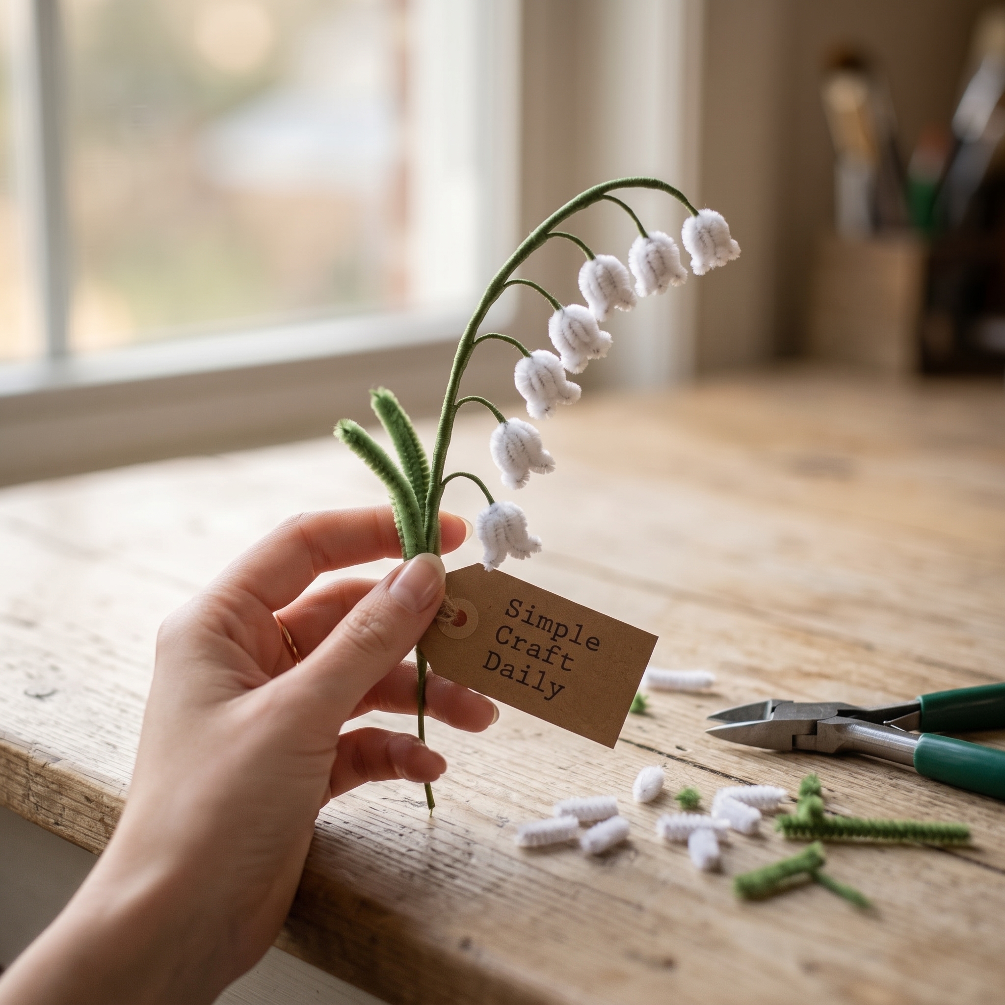 White chenille lily of the valley bells on a curved green stem