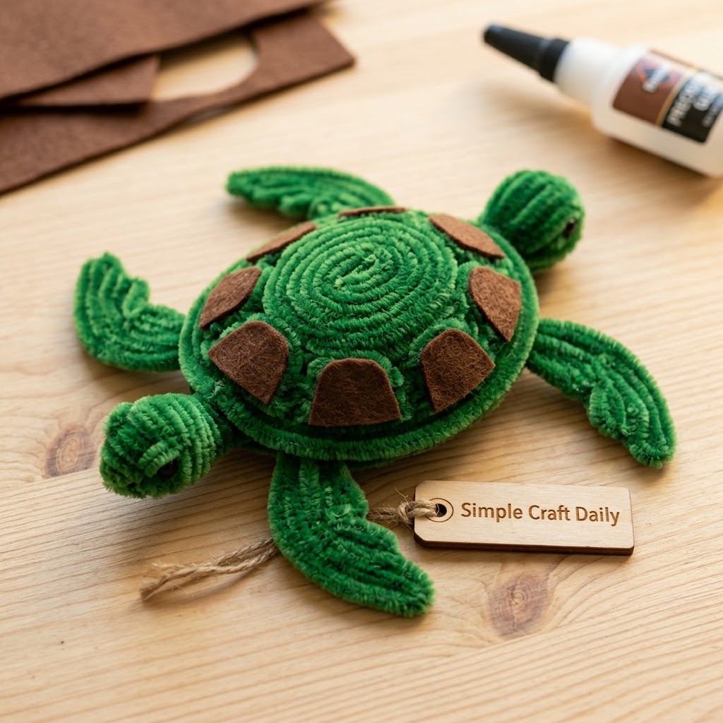 Green chenille sea turtle with brown felt shell plates and flat flippers