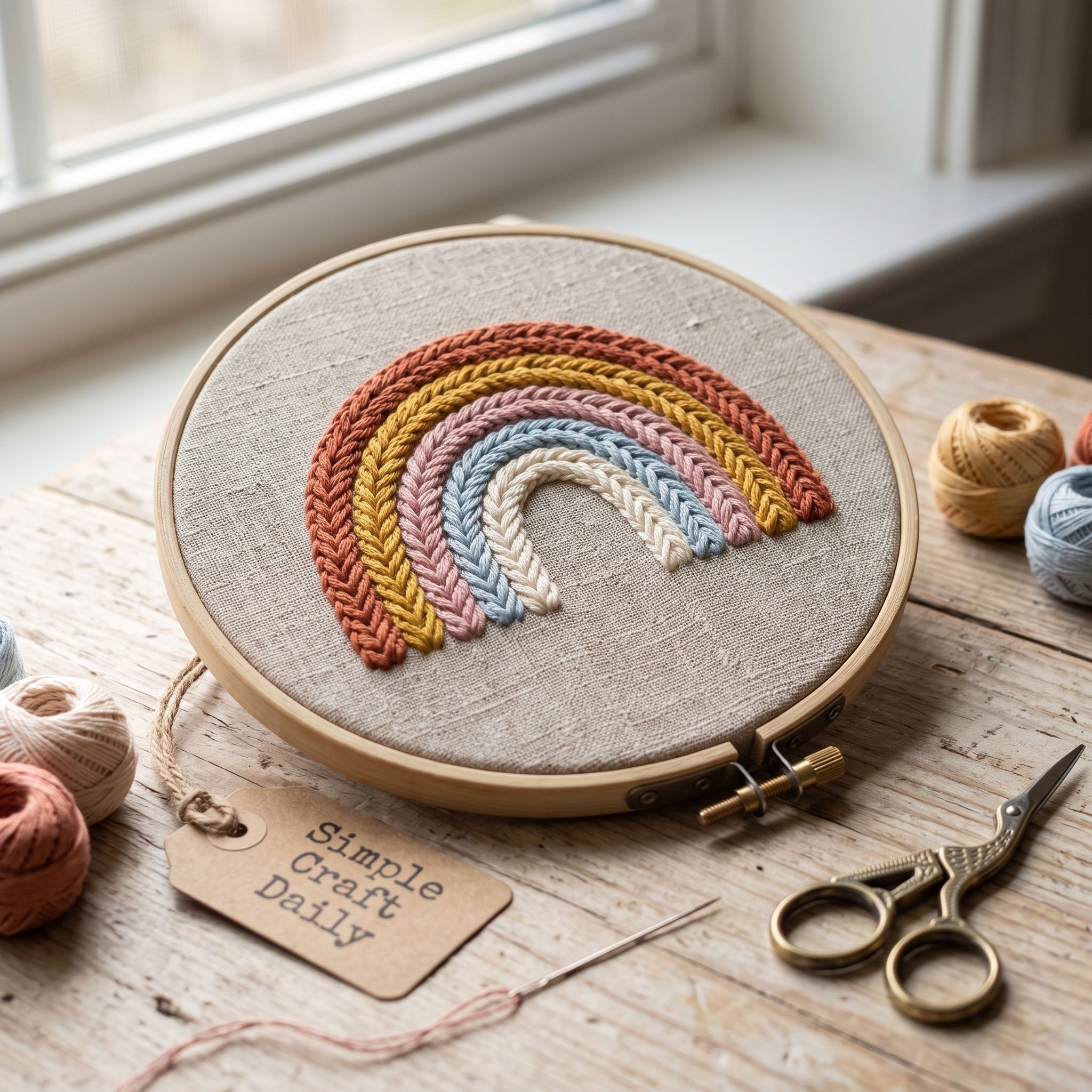 Layered muted rainbow arches stitched in terracotta, mustard, rose, blue, and cream