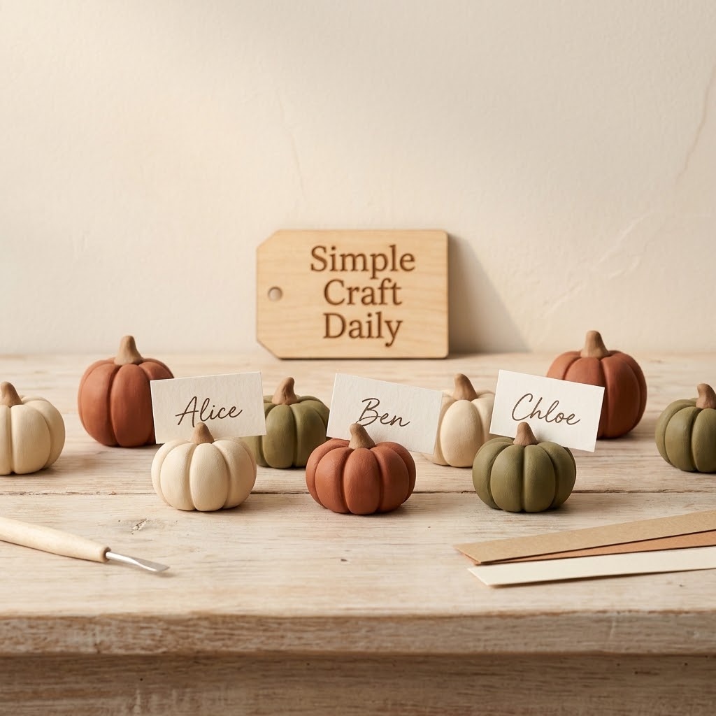 DIY fall decor mini clay pumpkin place cards in muted earth tones
