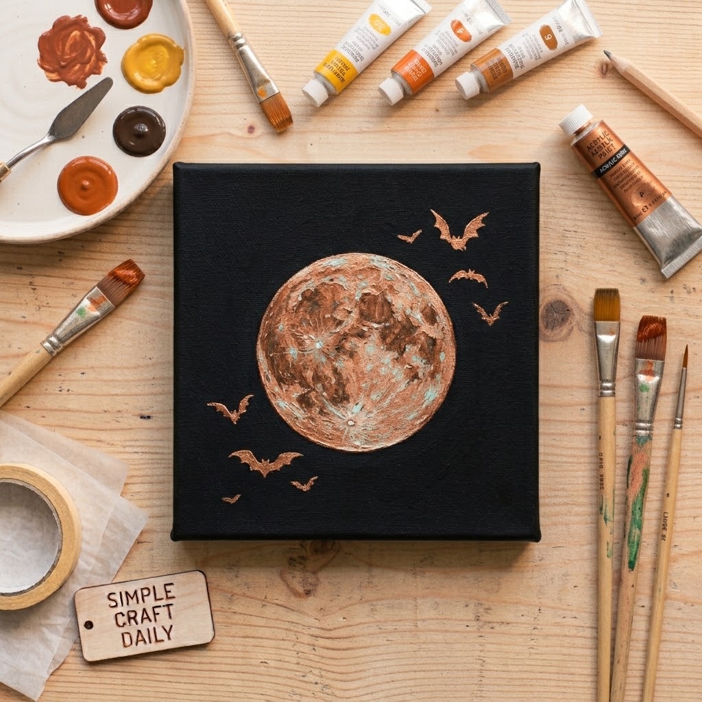 Copper moon with black bat silhouettes on a dark acrylic canvas