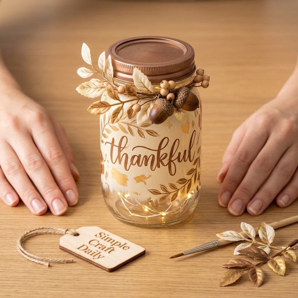 Cream hand-lettered thankful mason jar with brown script and faux foliage