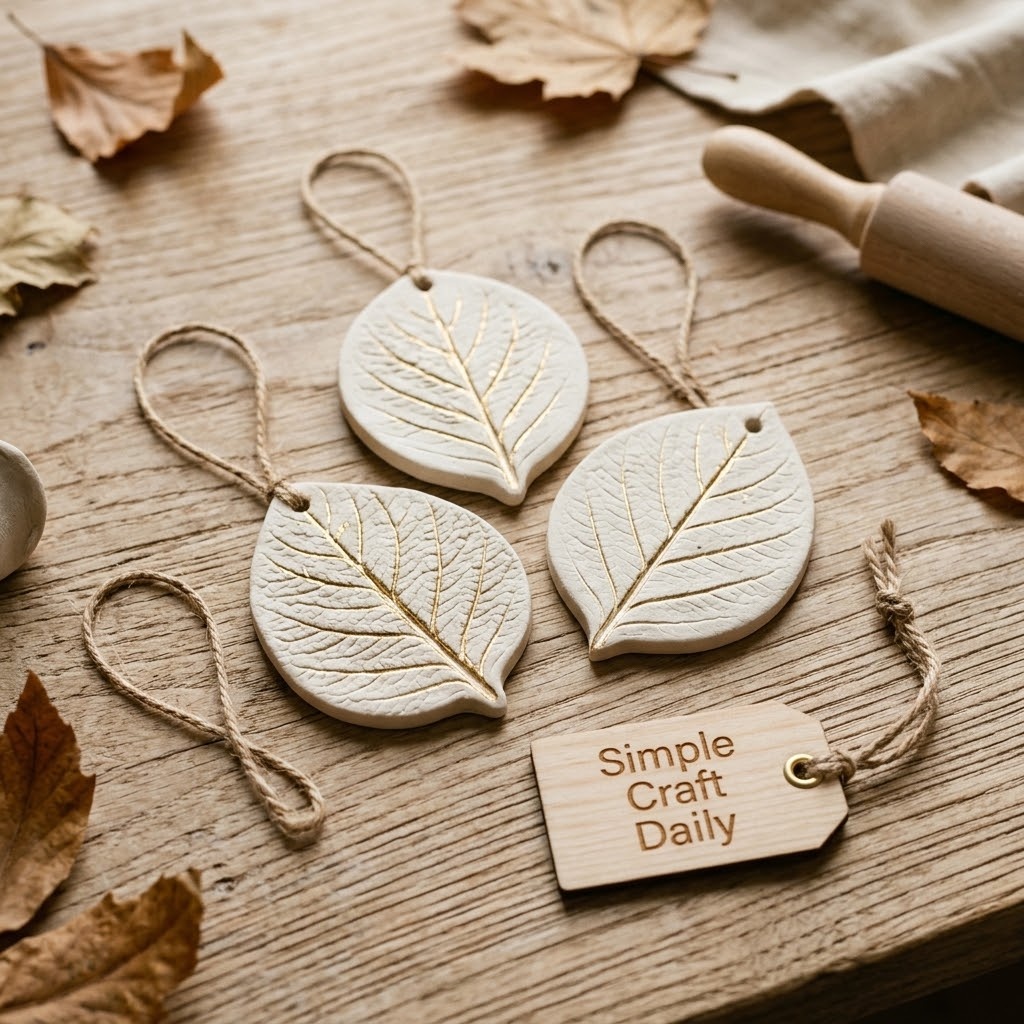 Ivory leaf-imprint clay ornaments with gold foil veins and jute loops