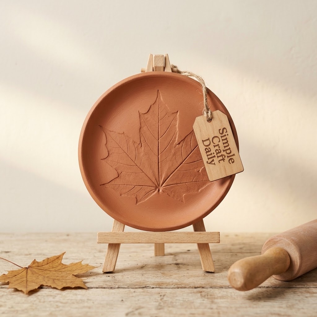 DIY fall decorations leaf stamped terracotta air dry clay dish
