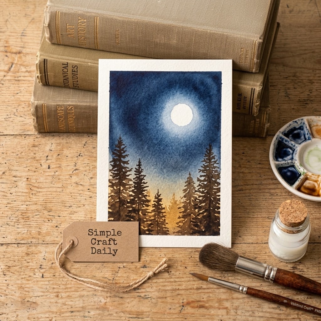 DIY autumn watercolor ideas featuring a moonlit indigo forest with amber horizon light.