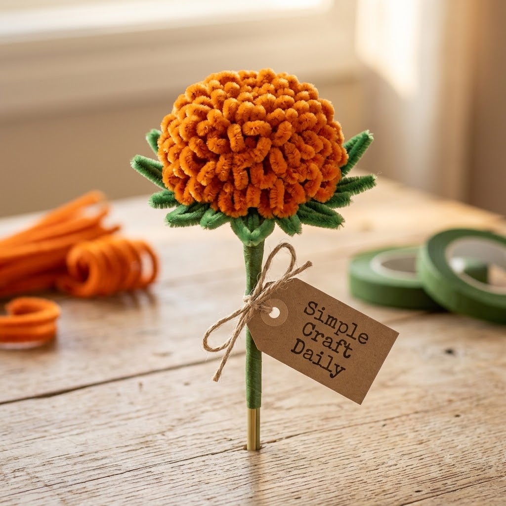 Orange DIY pipe cleaner flowers formed into dense ruffled marigolds