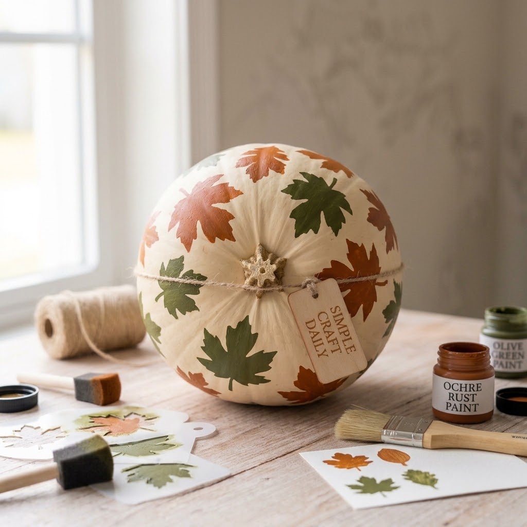 Pumpkin painting ideas with layered ochre, rust, and olive leaf silhouettes