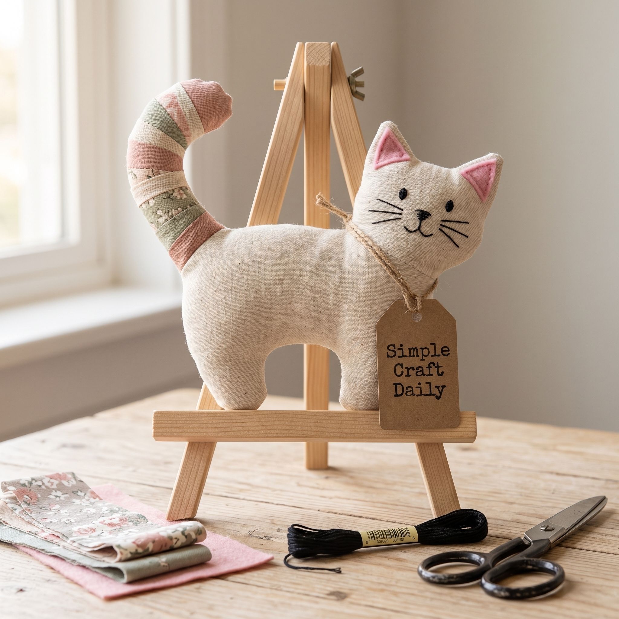 Cotton cat plush with striped patchwork tail and embroidered whiskers