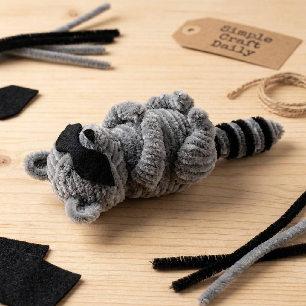 DIY pipe cleaner animals raccoon with gray chenille body, black mask, and striped tail