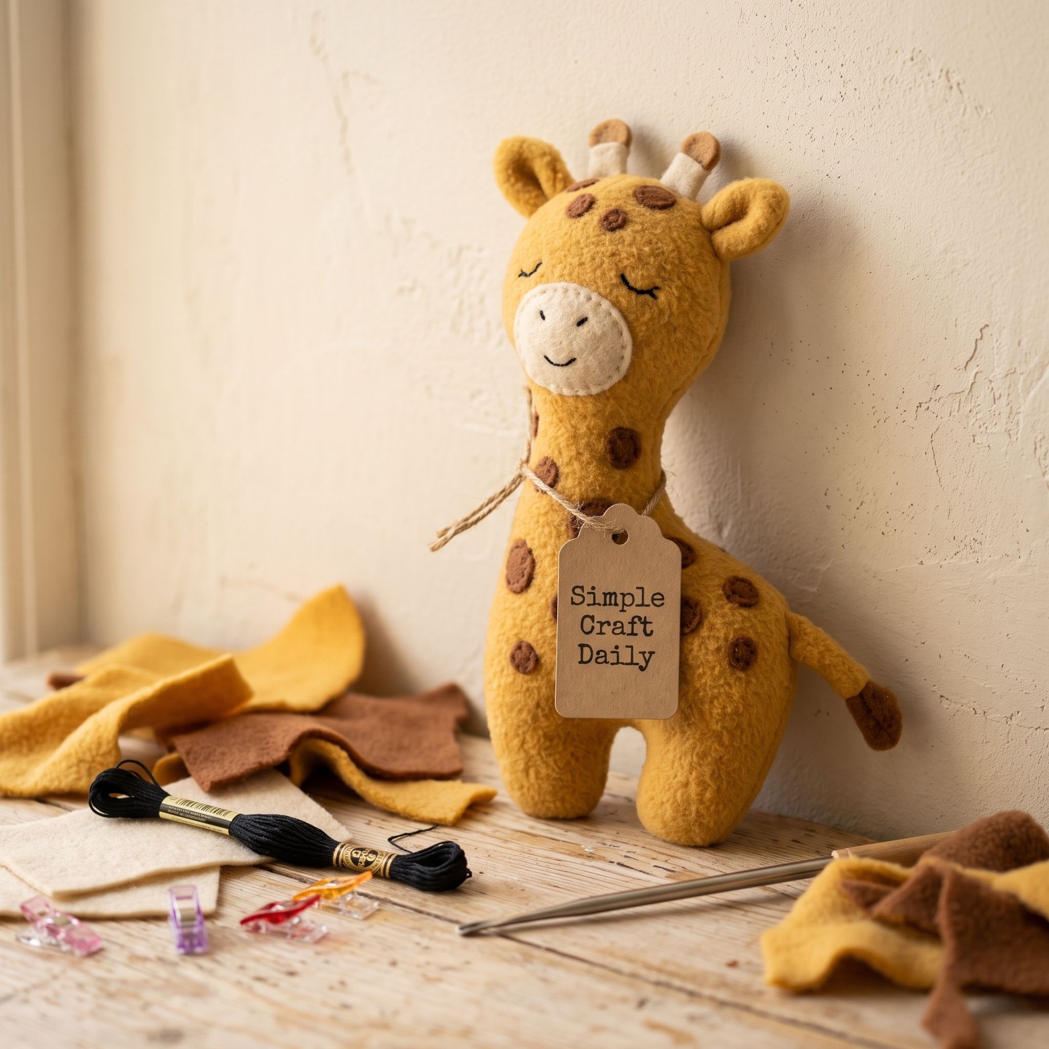A handmade golden-yellow fleece giraffe plush with brown spots sitting on a rustic wooden craft table, surrounded by fabric scraps, embroidery floss, and sewing tools. It wears a "Simple Craft Daily" paper tag around its neck.