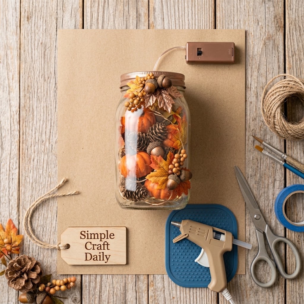 Amber berry mason jar centerpiece with warm fairy lights and jute bow