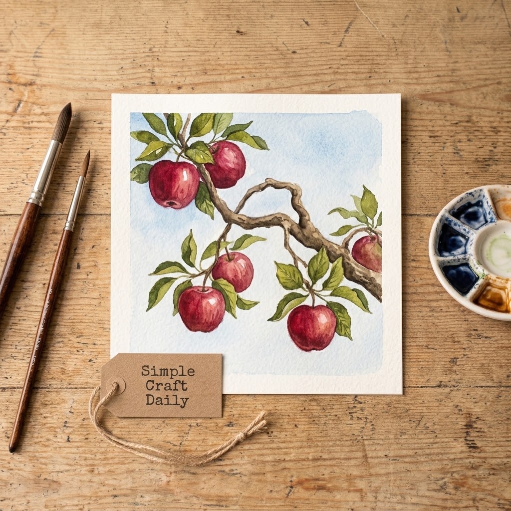 Ruby apples and olive leaves painted on a loose brown orchard branch.