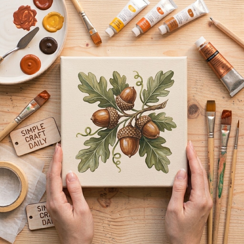 Botanical acorn branch painting with warm brown acorns and green leaves