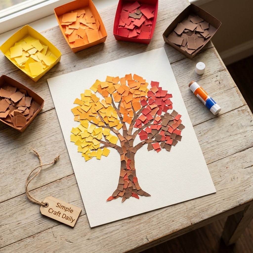 Sorted yellow orange red and brown paper collage in a tree silhouette