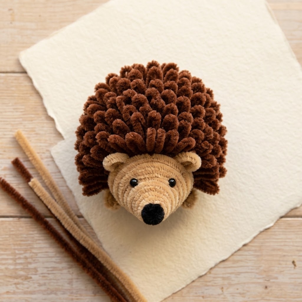 Brown chenille hedgehog with looped spine texture and tan face