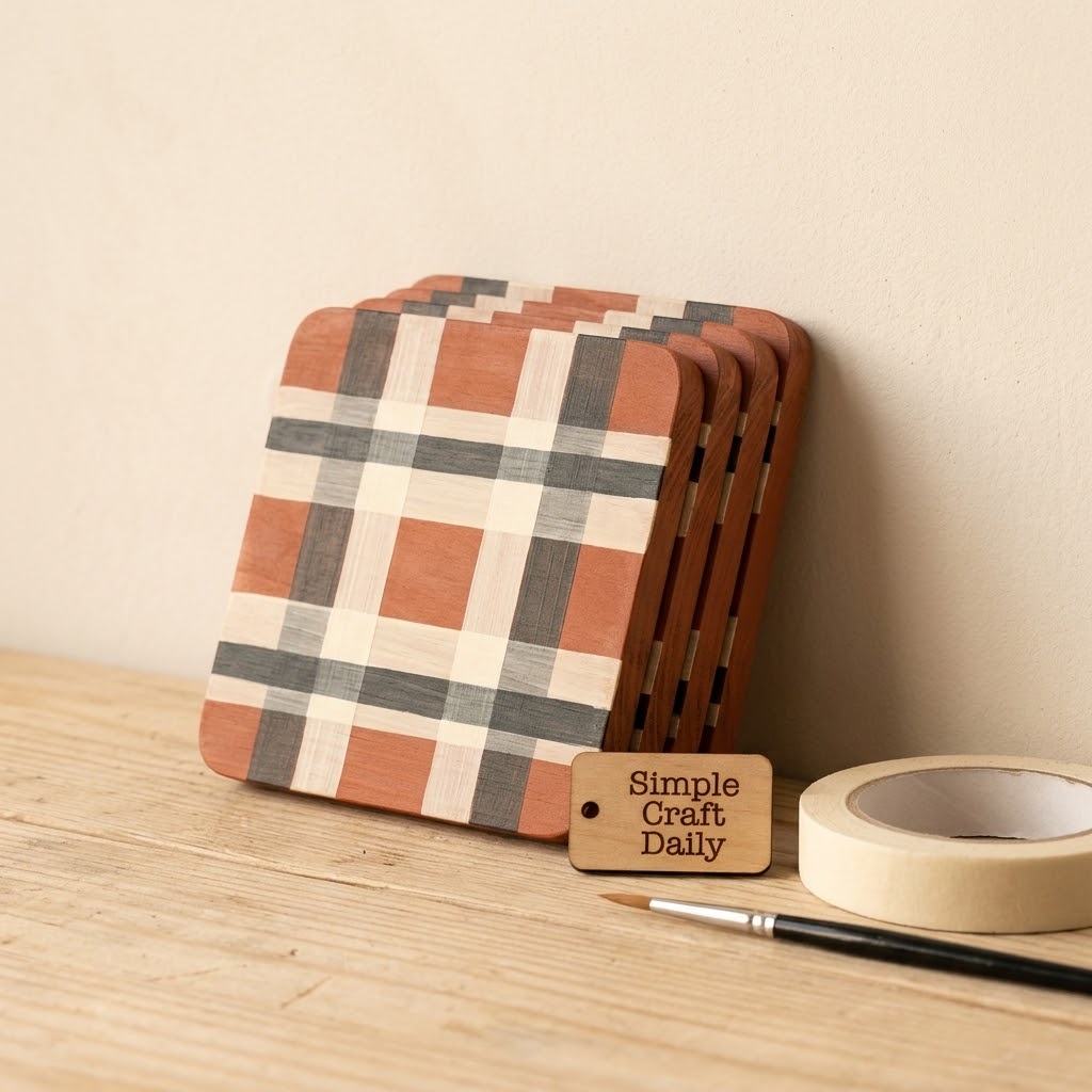 Hand-painted rust cream and charcoal plaid wood coasters