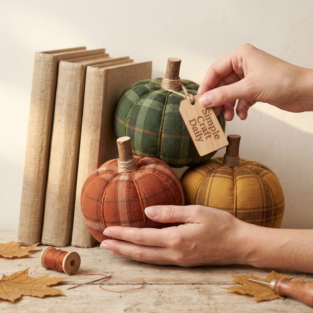 Hand-sewn plaid fabric pumpkins with embroidered segments and wood stems