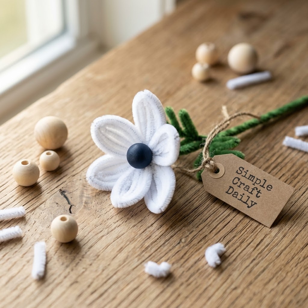 White chenille anemone with a dark wooden bead center