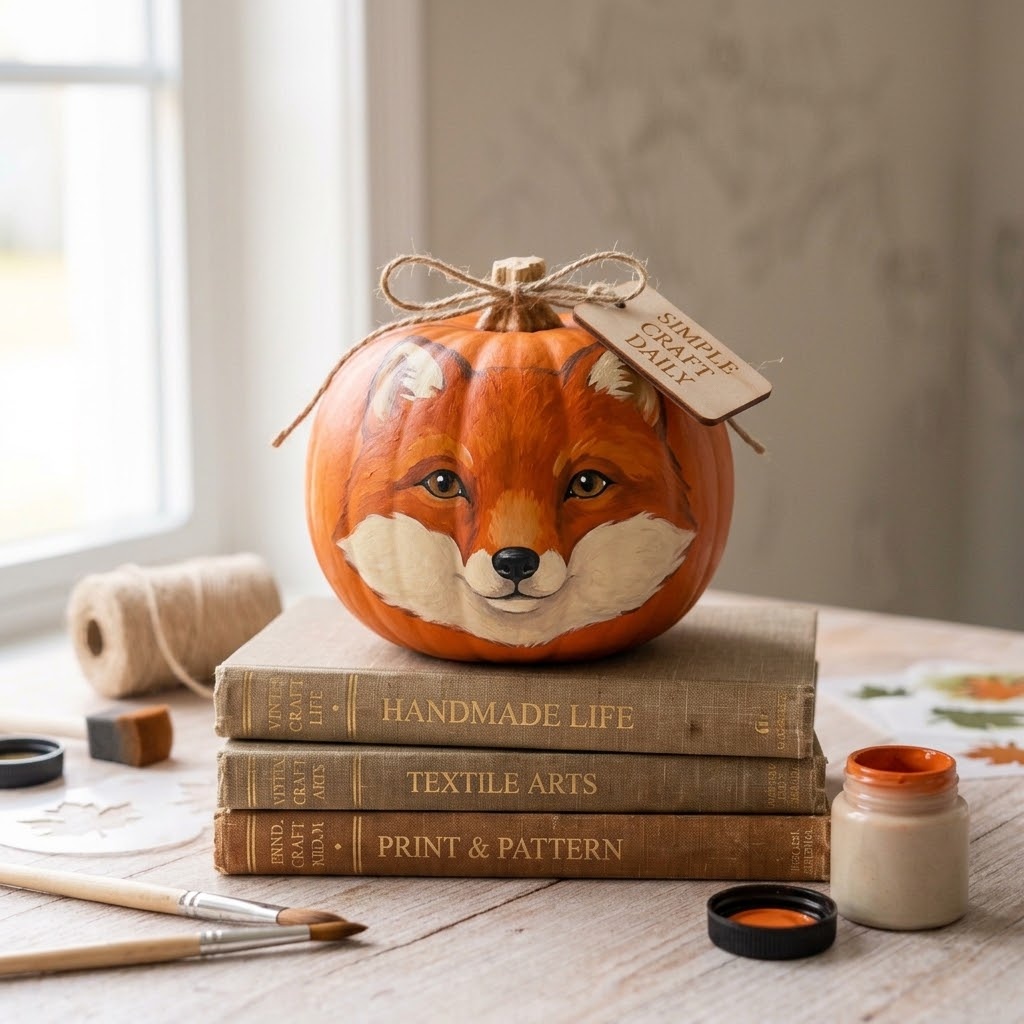 Orange pumpkin painted as a friendly fox with cream cheeks