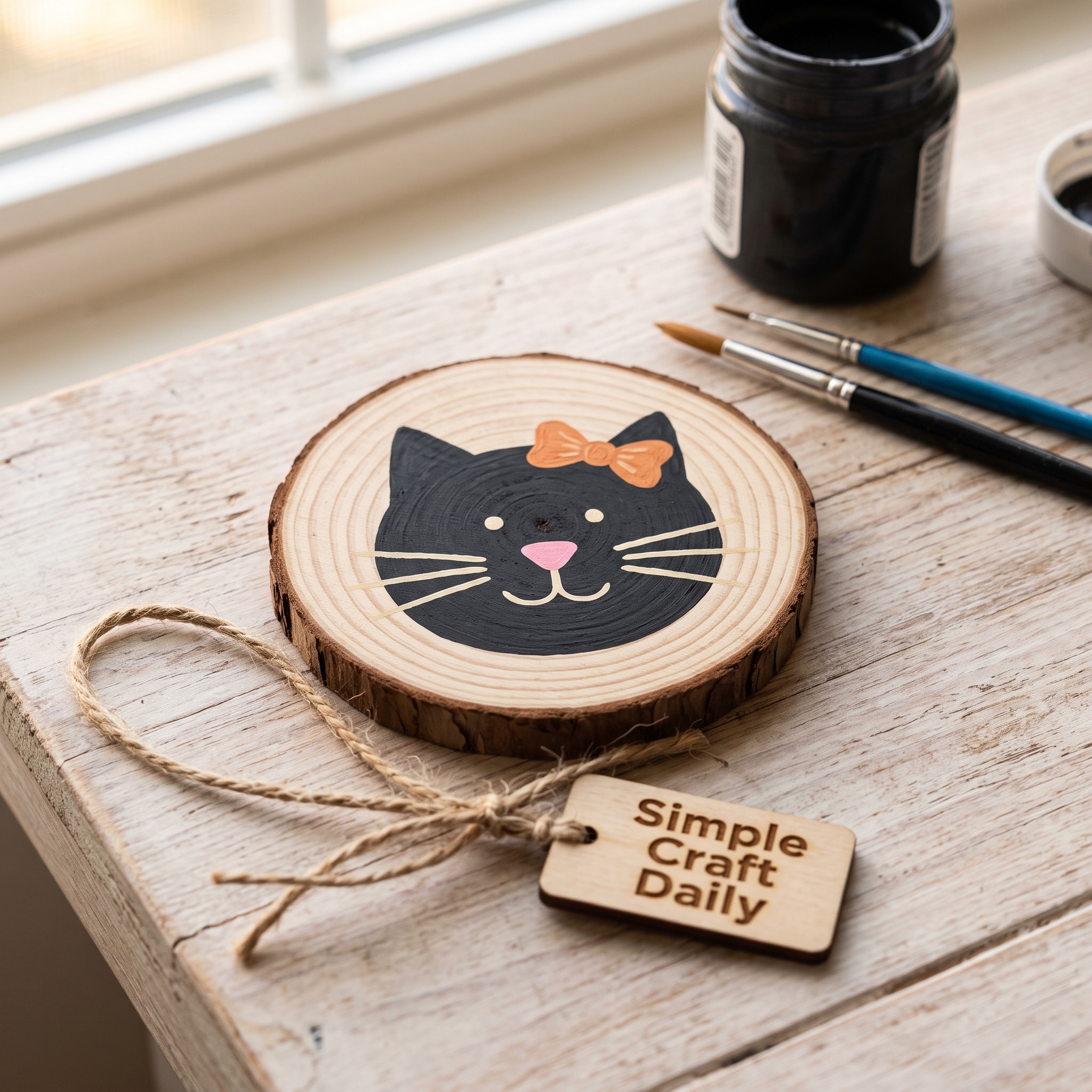 Hand-painted black cat face on a natural wood slice ornament with an orange bow and paint brushes on a wooden table.