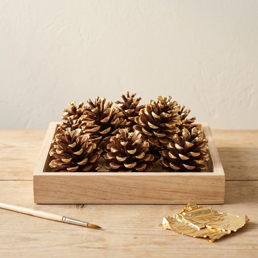 DIY fall decor pinecone tray with softly gilded tips
