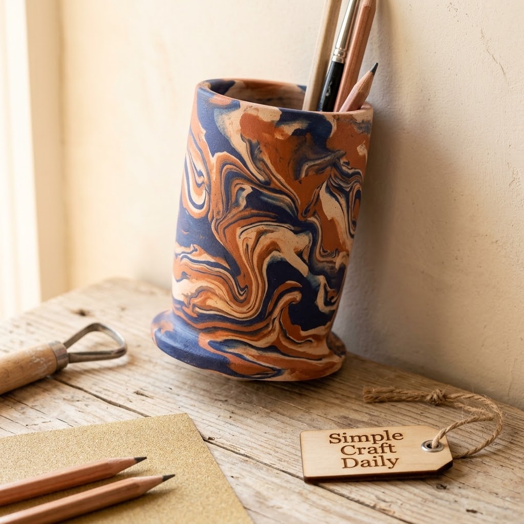 Marbled indigo and terracotta air dry clay desk pen cup