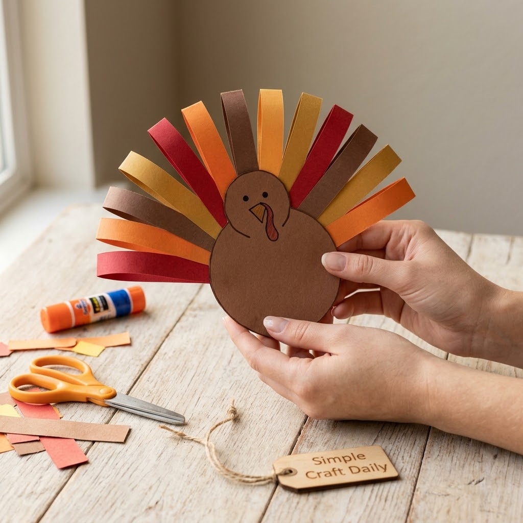 Paper strip turkey with red orange gold and brown fan feathers