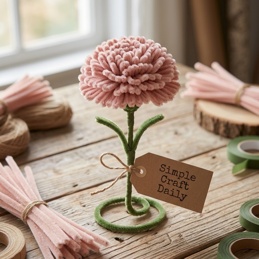 Pink DIY pipe cleaner flowers made as ruffled handmade carnations