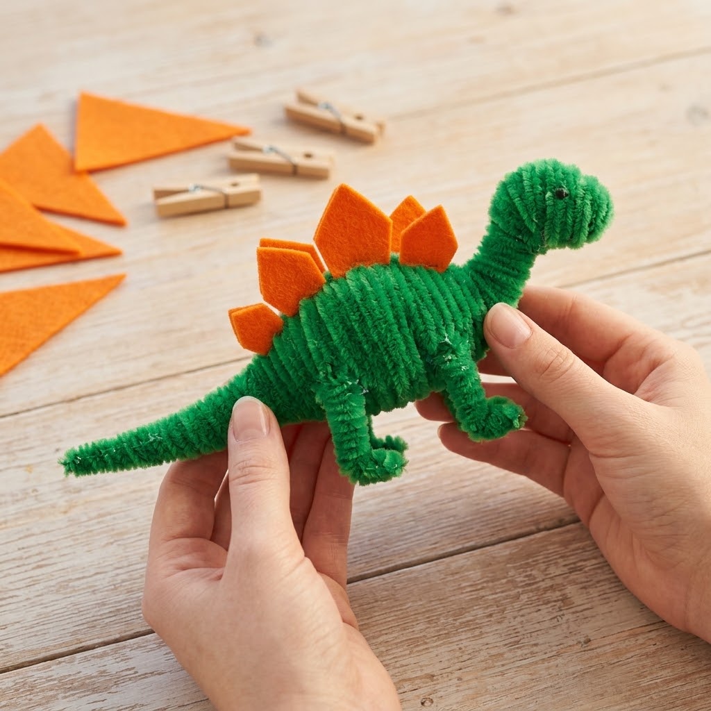 DIY pipe cleaner animals dinosaur with green chenille body and orange felt plates