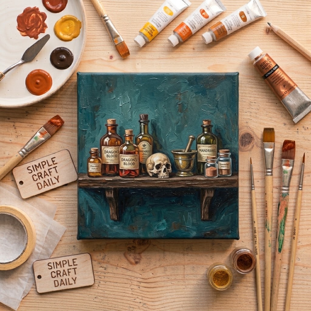 DIY fall canvas paintings spooky apothecary shelf with potion bottles