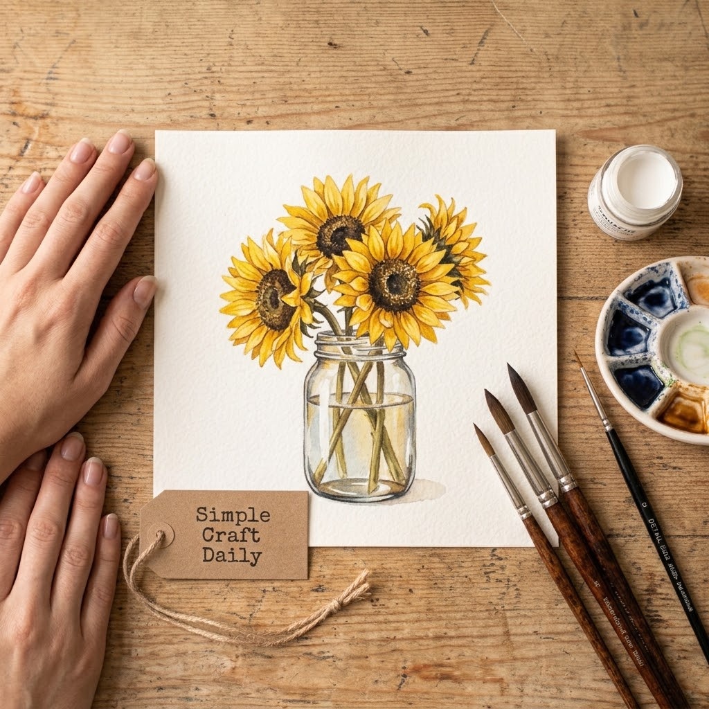 DIY autumn watercolor ideas shown as golden sunflowers in a reflective glass jar.