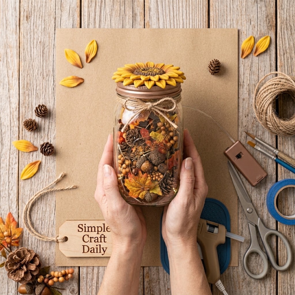 Sunflower lid topper DIY fall mason jar with pinecones and autumn foliage