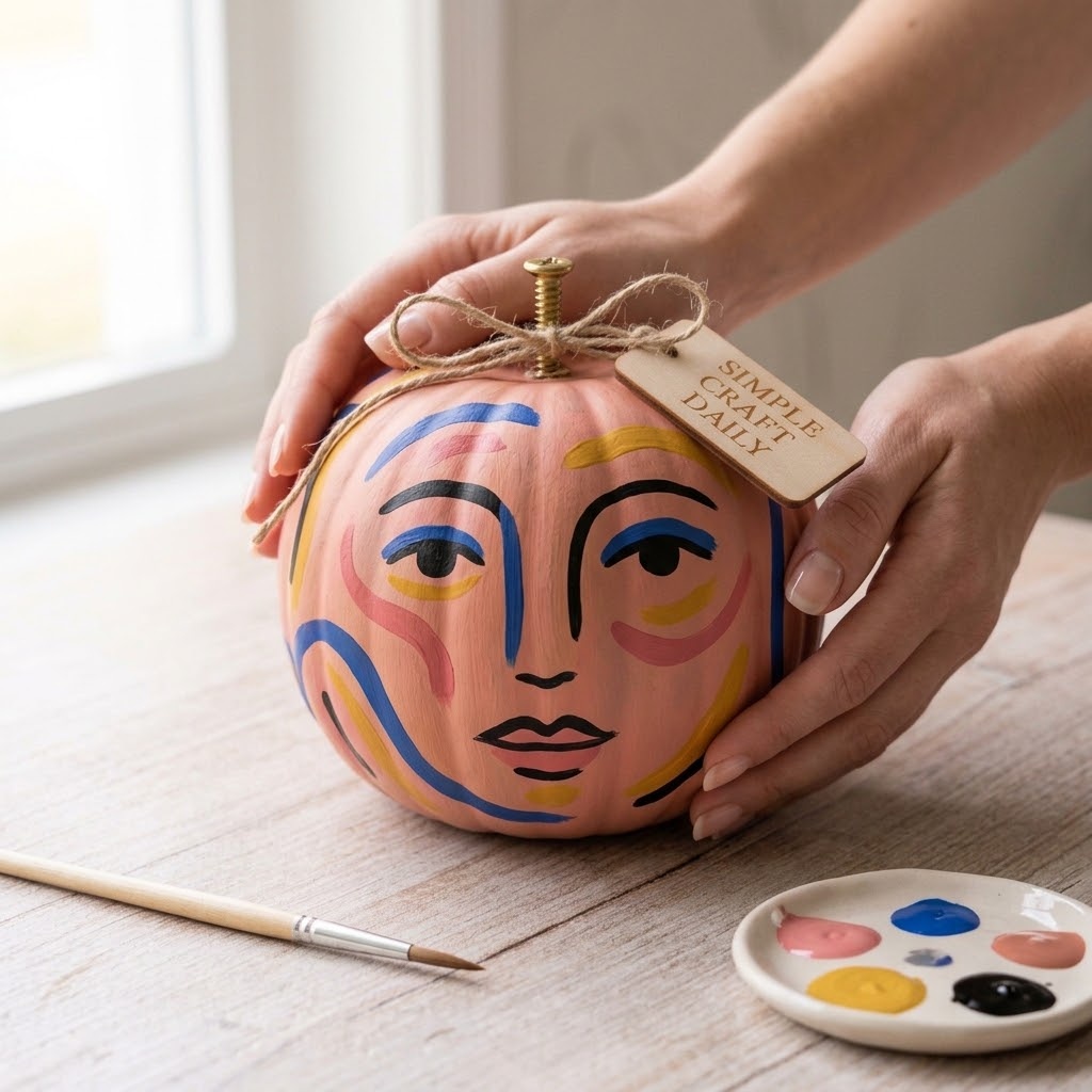 Abstract painted pumpkin with colorful curved lines and modern face motifs