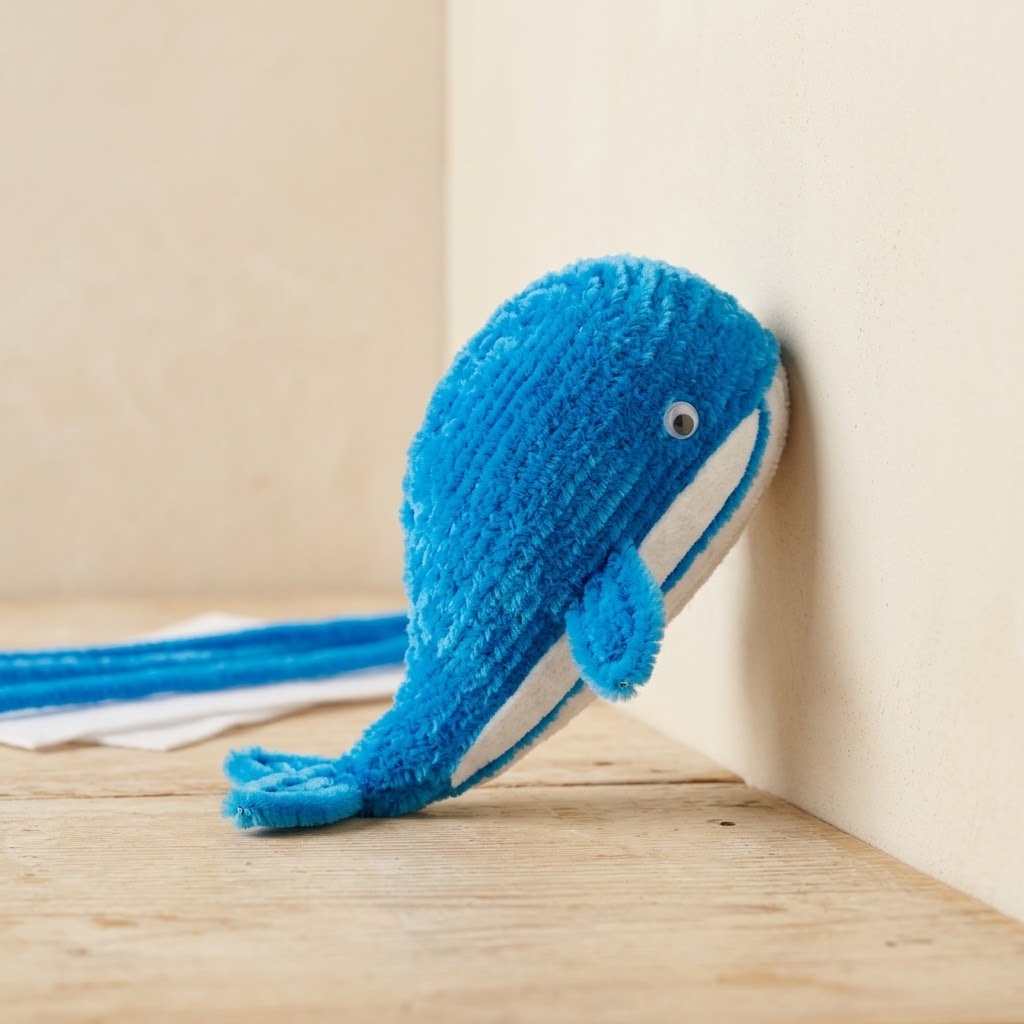 Blue chenille whale with white felt belly stripe and flat tail fluke